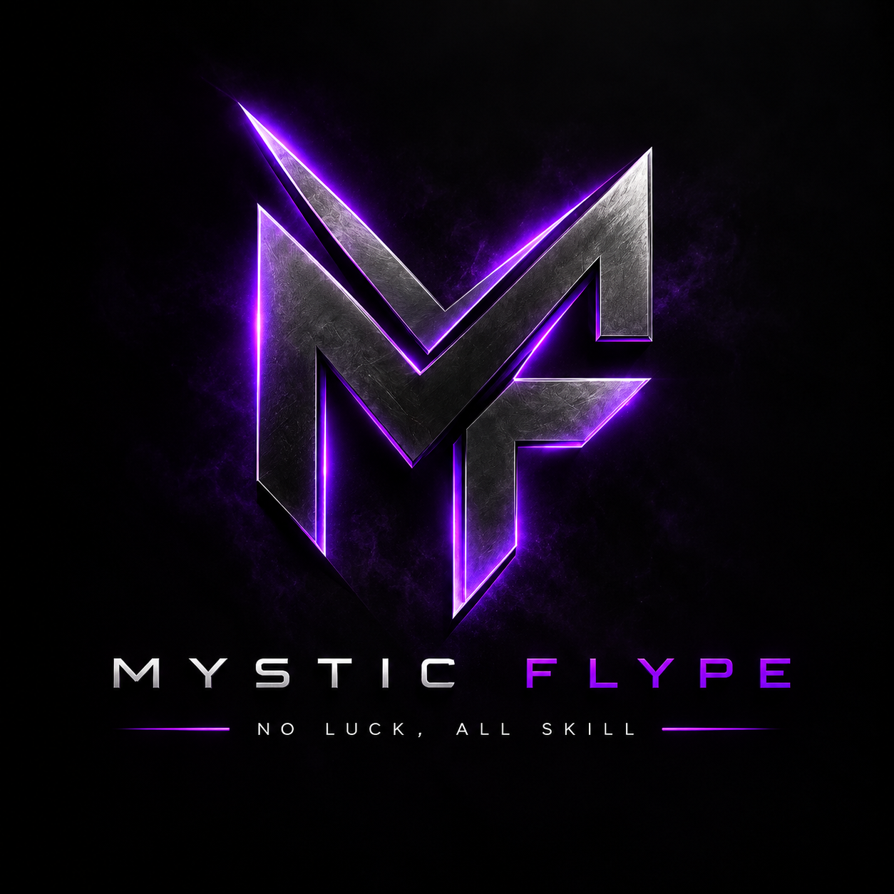 Logo Mystic Flype : monogramme MF en métal anthracite et néon violet, avec le slogan No Luck, All Skill
