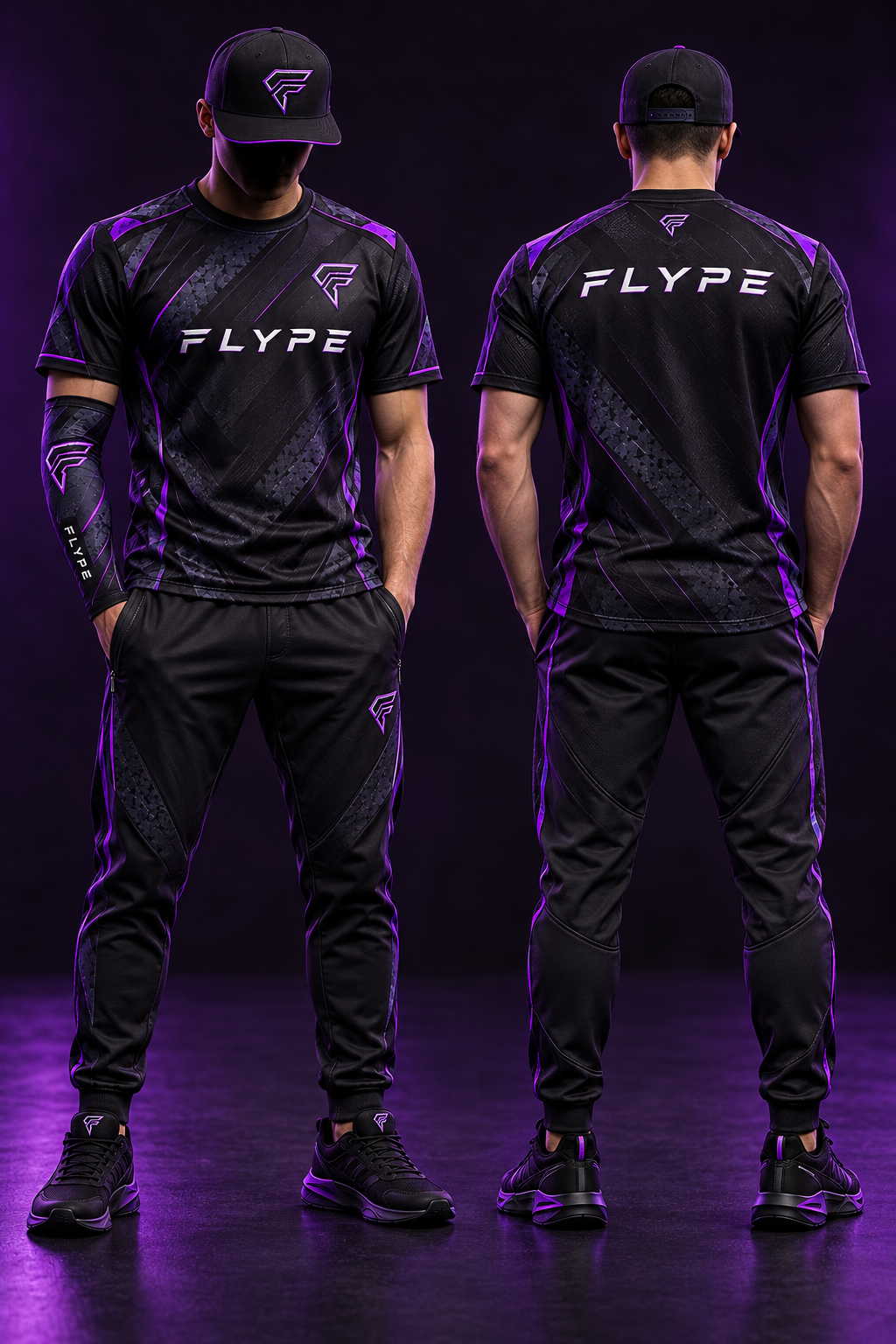 Concept de tenue esport Flype avec maillot et pantalon noirs et violets, vues de face et de dos